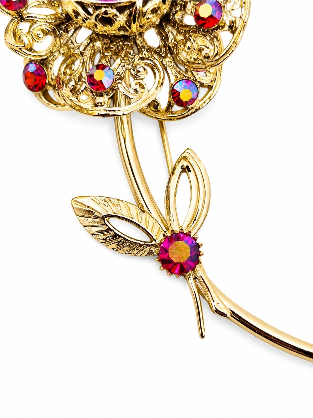 1961 Sarah Coventry Flower Red Aurora Borealis Rhinestone Brooch Pin - Picture 5 of 6